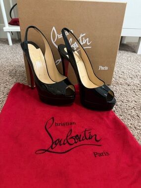 Christian Louboutin Black Patent Peep-Toe Platform Slingbacks